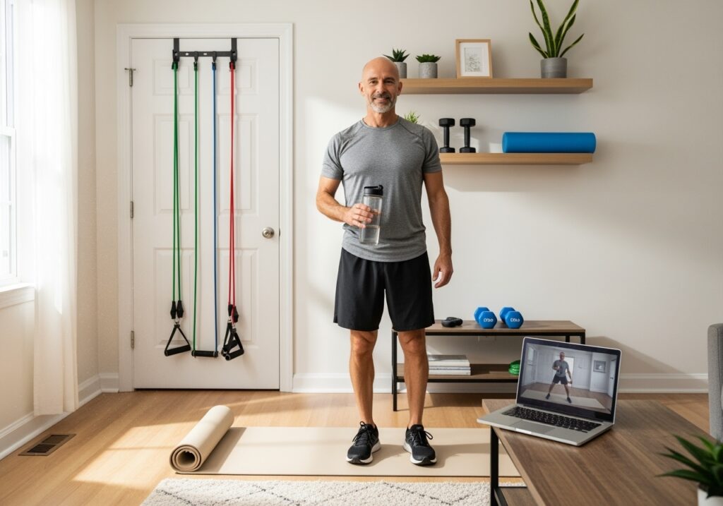 Man in his 40s demonstrating multiple workout options including gym equipment, resistance bands, and bodyweight exercises showing flexible fitness approach