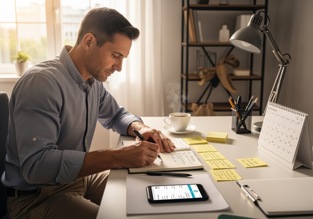 Professional man in his 40s preparing his summer networking action plan in home office