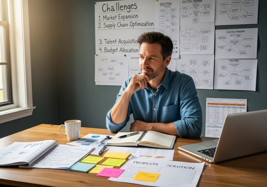 Man in his 40s working through planning challenges with problem-solving materials, sticky notes, and solution frameworks on desk