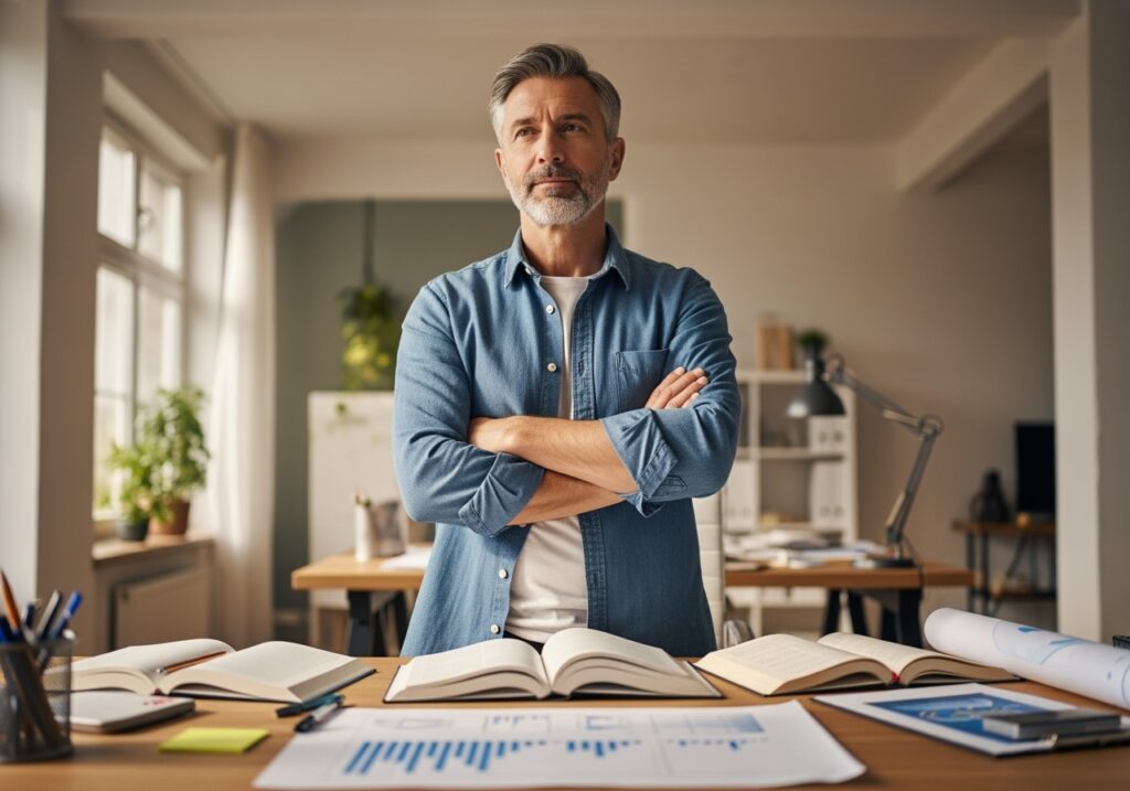 Professional man in his 40s looking thoughtful while problem-solving at desk, representing common confidence challenges and solutions for men over 40