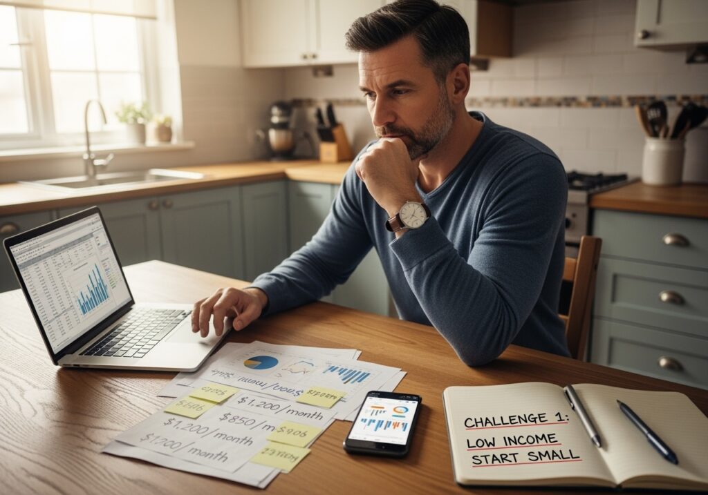 Thoughtful man in his 40s at kitchen table with laptop, notebook and coffee, working through financial automation challenges with determined problem-solving expression in warm home lighting