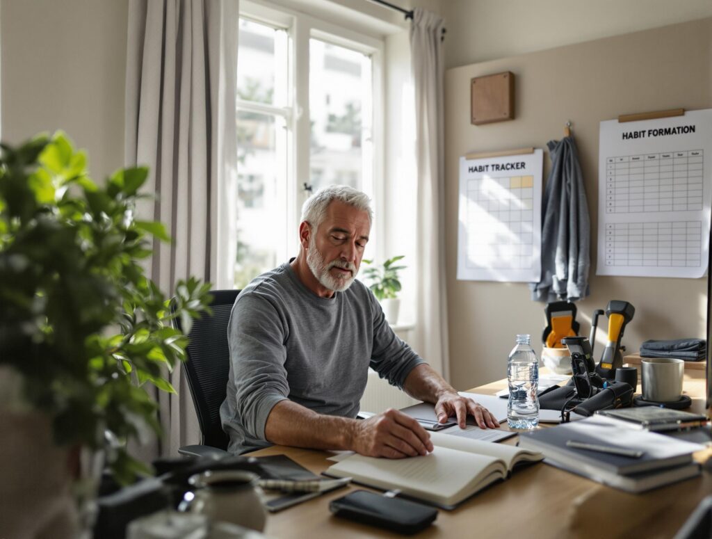 Man in his 40s implementing habit formation strategies at home, showing visual cues and organized environment for building lasting habits according to James Clear's four laws