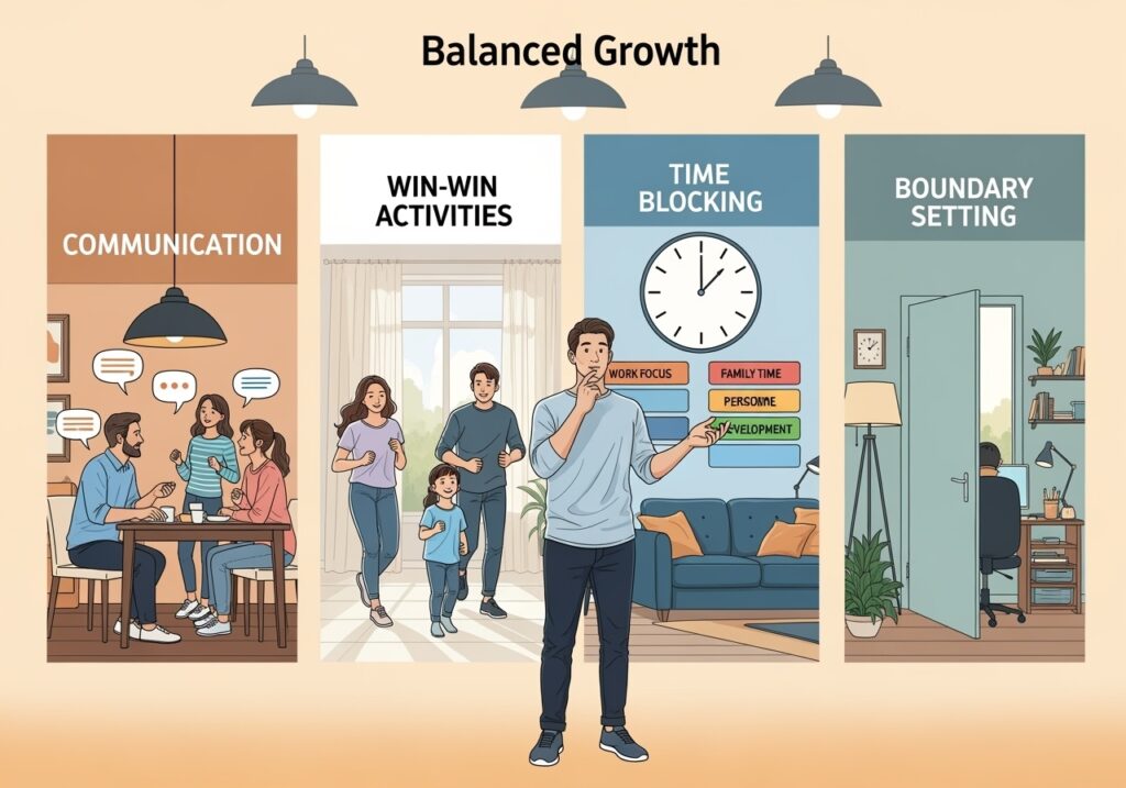 Man in his 40s organizing his schedule and goals while family activities happen in background, illustrating the four pillars of balanced growth between personal development and family time