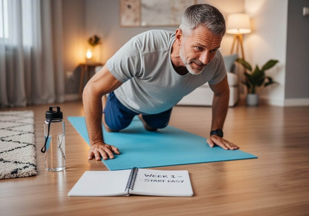 Man in his 40s starting gentle comeback workout routine showing gradual return to fitness after break or disruption
