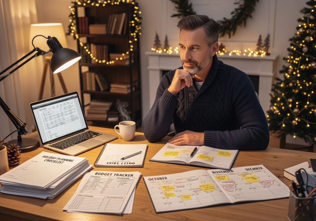 Man in his 40s strategically planning holiday season with calendar, budget sheets, and gift lists in organized home office setting