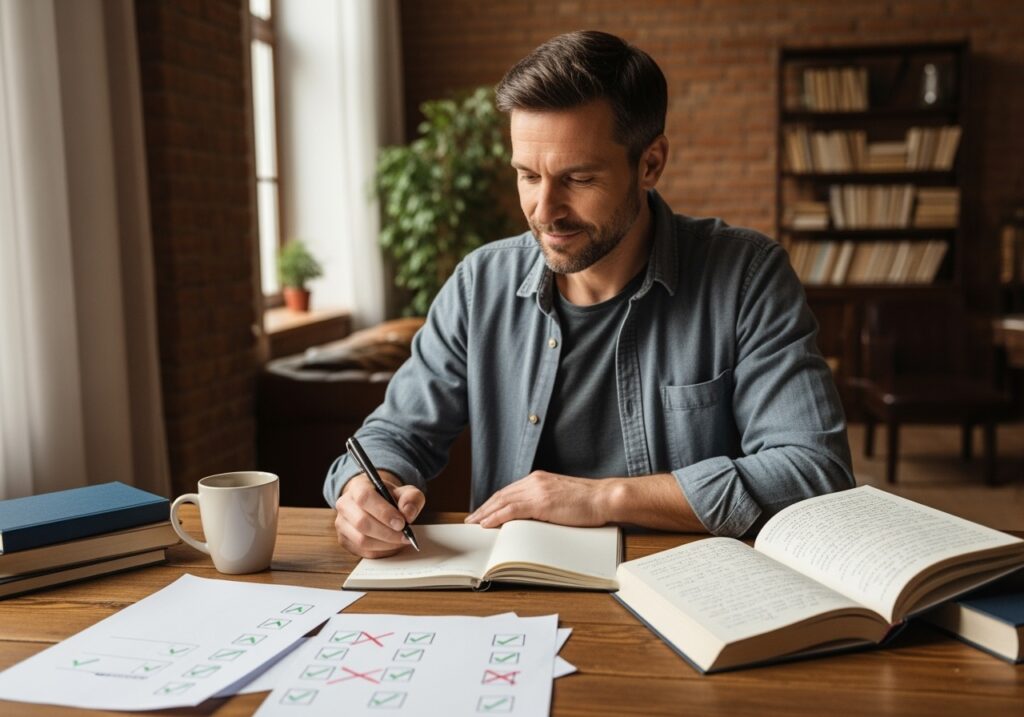 Man in his 40s reflecting and writing in notebook at home office desk with success symbols and learning materials visible