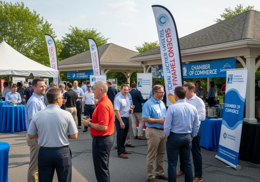 Professional men at outdoor summer business event with casual networking atmosphere and community setting