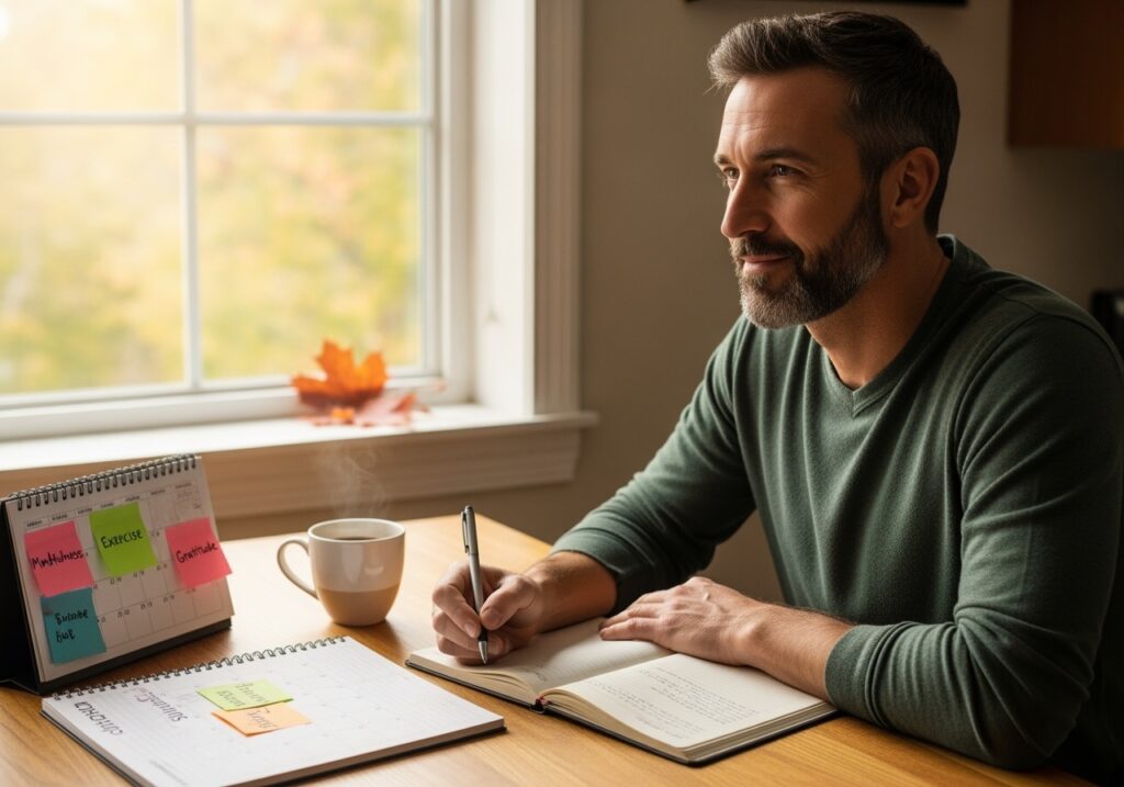 Man in his 40s transitioning stress management strategies from summer to fall, seasonal stress resilience and progress maintenance
