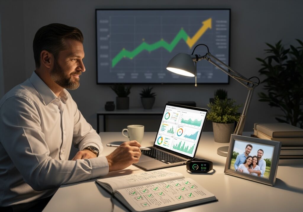 Professional man in his 40s reviewing progress charts and metrics on laptop and notebook showing improved energy, focus, and goal achievement tracking