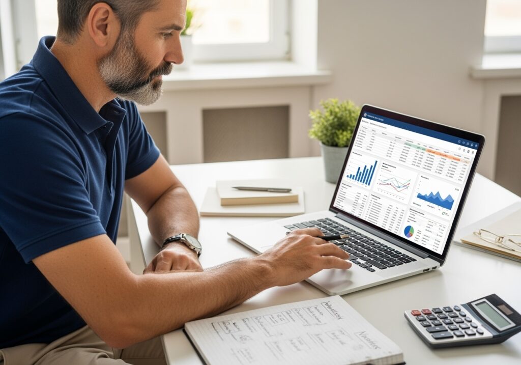 Professional man in his 40s reviewing networking metrics and relationship tracking data on laptop with charts and analytics dashboard