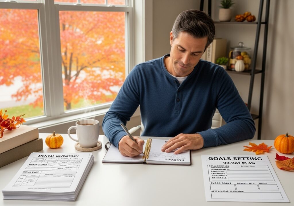 Man in his 40s transforming mental clarity into focused fall goals using goal planning framework and seasonal alignment