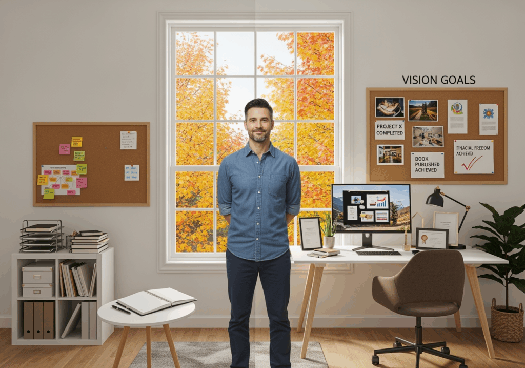 Man in his 40s successfully transformed through mental decluttering showing clear mind, focused goals, and confident readiness for fall success