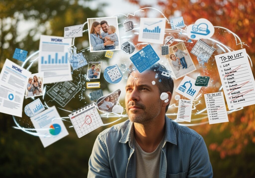 Visual representation of mental clutter and overwhelm showing scattered thoughts and stress before fall season