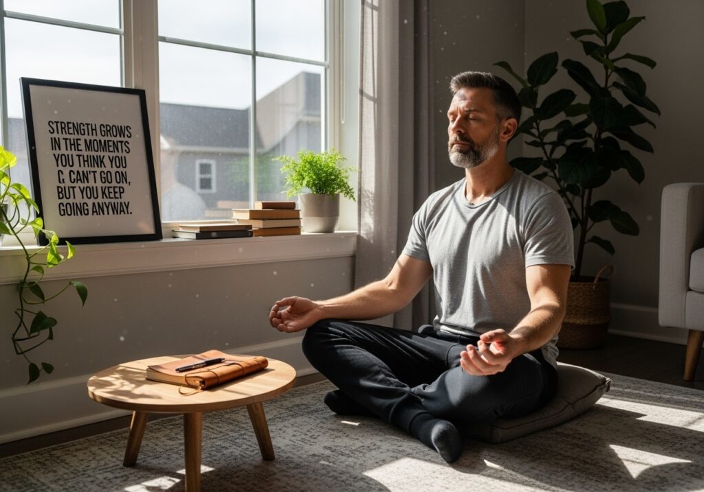 Man over 40 practicing mindfulness and mental preparation for fall fitness success with journal and peaceful home environment