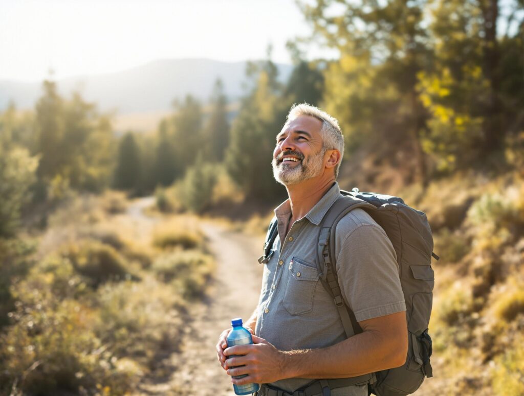 Confident man in his 40s standing on a mountain path overlooking a sunrise, representing the complete journey of overcoming midlife motivation dips through mental resilience tactics and personal transformation