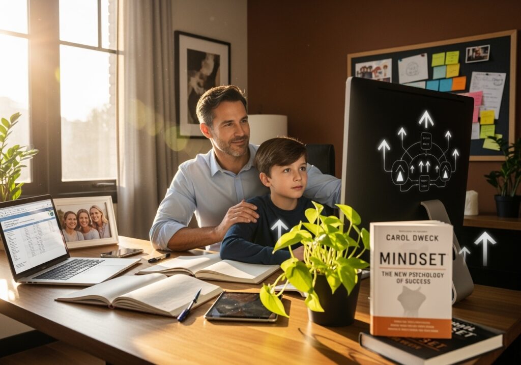 Men over 40 on transformational journey from fixed to growth mindset, showing career success, family teaching, and personal development