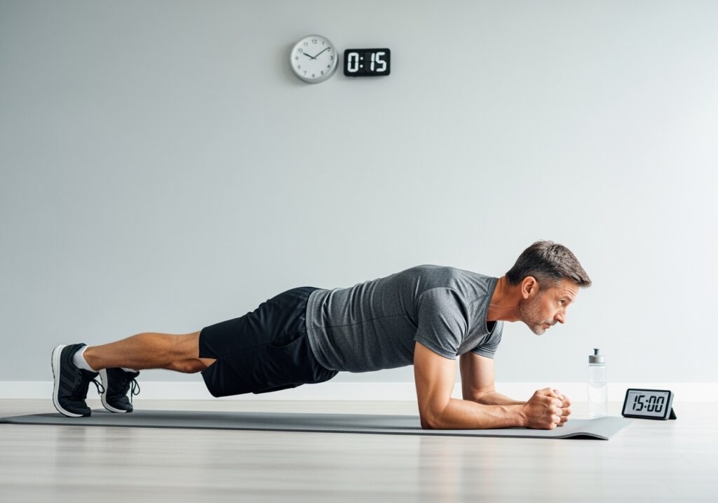 Man in his 40s performing efficient 15-minute workout routine with timer showing minimal but effective exercise approach