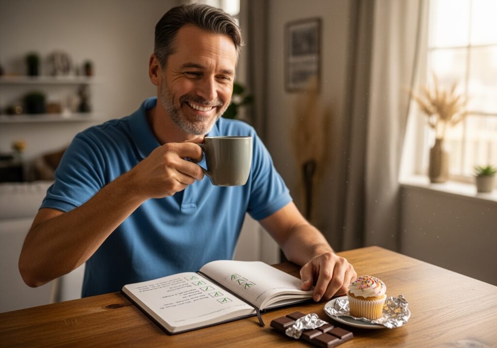 Man in his 40s celebrating a victory with raised arms in comfortable home office setting with achievement symbols visible