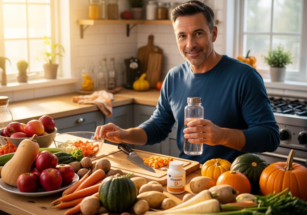 Man over 40 preparing healthy seasonal meals and recovery supplements for fall fitness nutrition transition