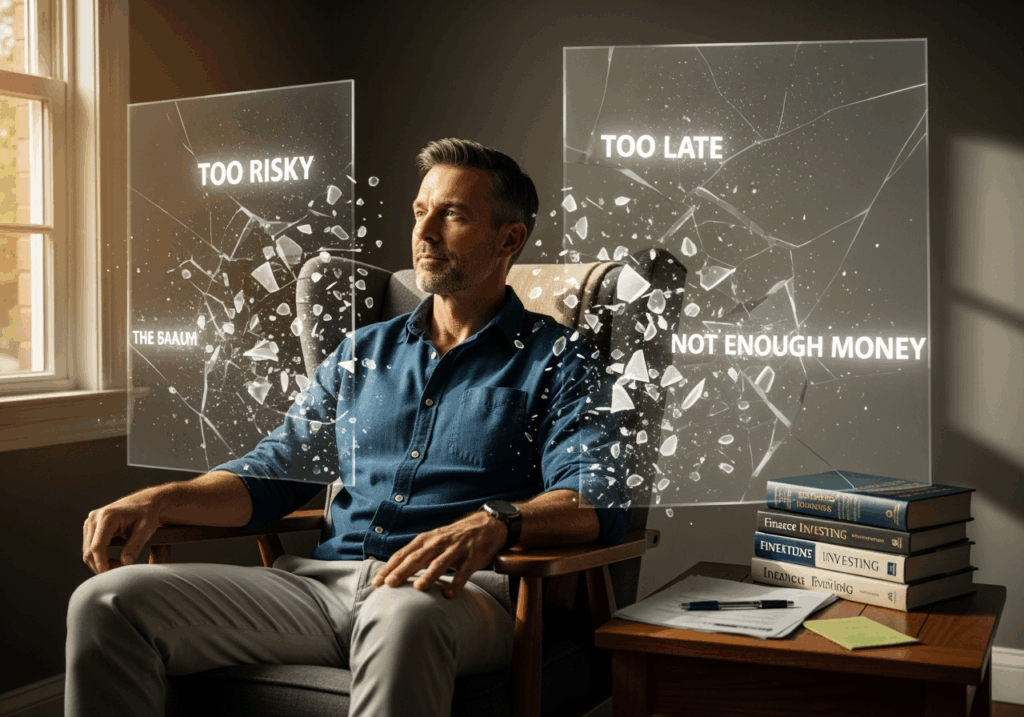 Man in his 40s breaking through mental barriers and limiting beliefs about money and investing, representing mindset transformation and financial breakthrough