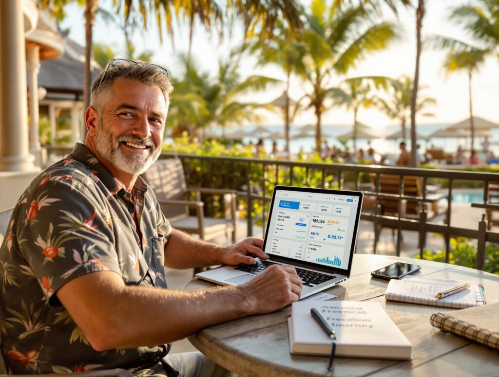 Man in his 40s celebrating financial success with multiple passive income streams - dividends, digital products, REITs, and automated systems - creating complete financial freedom