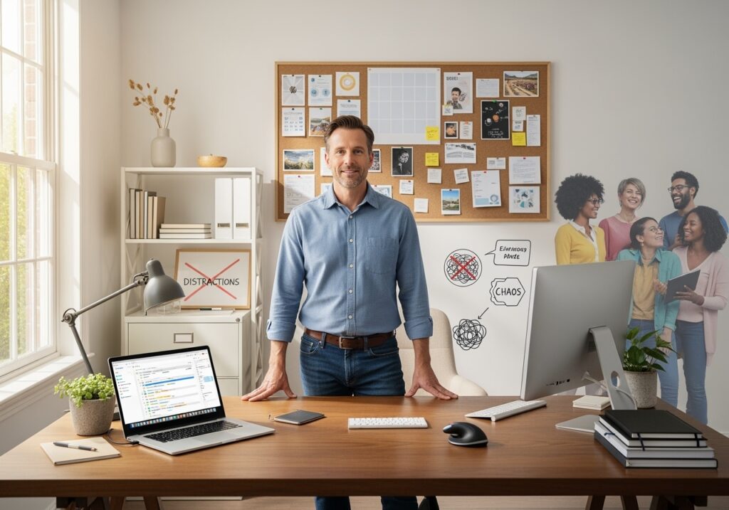 Professional man in his 40s standing confidently in optimized home office surrounded by organized workspace, supportive network connections, essential tools, and visual progress tracking representing complete success ecosystem