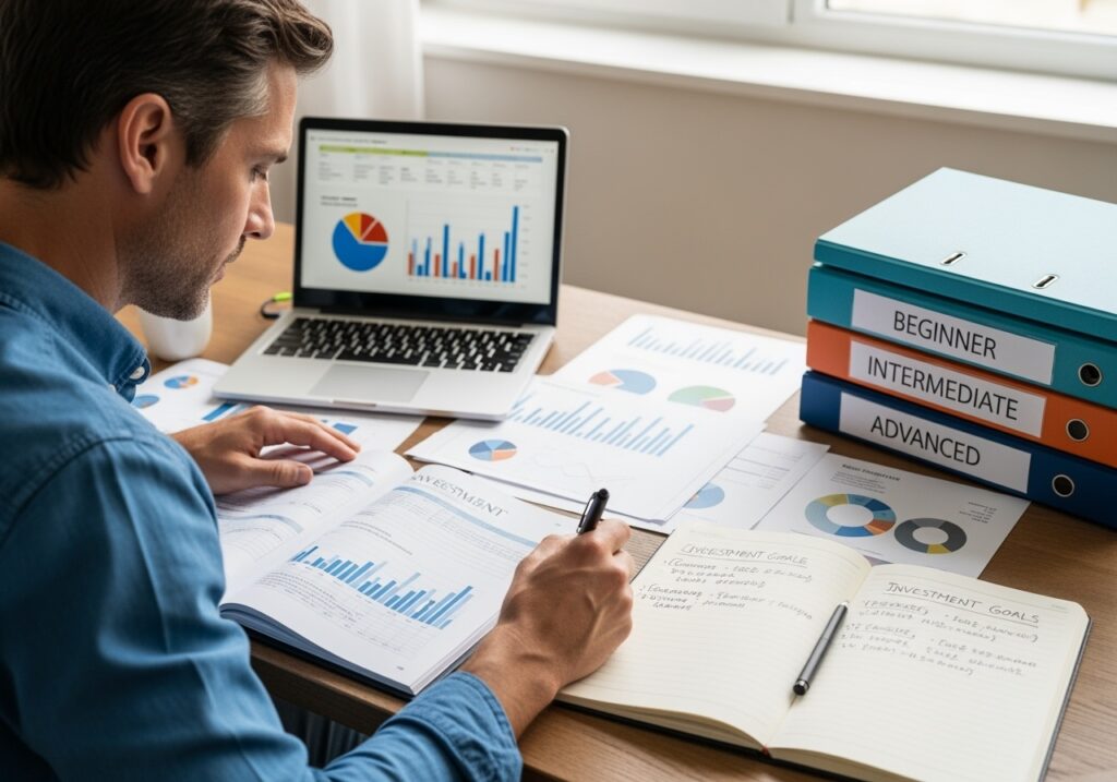 Professional man in his 40s creating a structured investment action plan at home office desk with financial documents, calculator, and planning materials for summer investing strategy