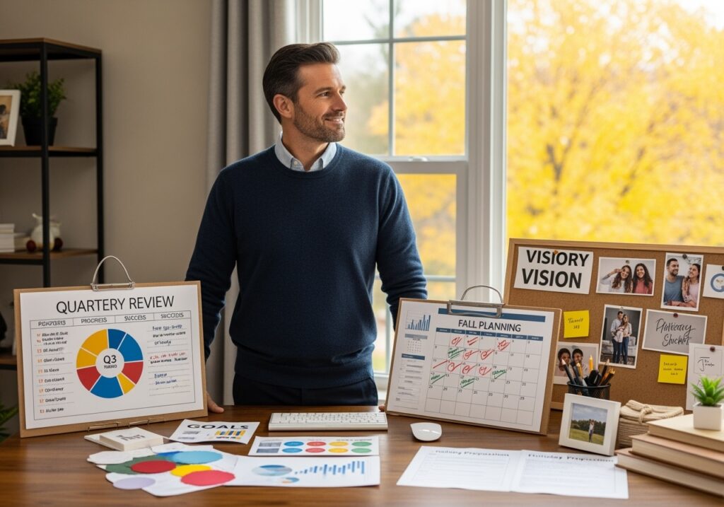 Man in his 40s reviewing comprehensive Q3 success plan with all planning elements - quarterly reviews, goal setting, seasonal opportunities, and support systems displayed on organized workspace