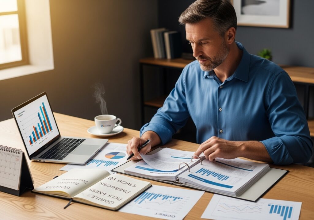 Man in his 40s conducting quarterly review with charts, calendar, and planning materials on desk in professional setting
