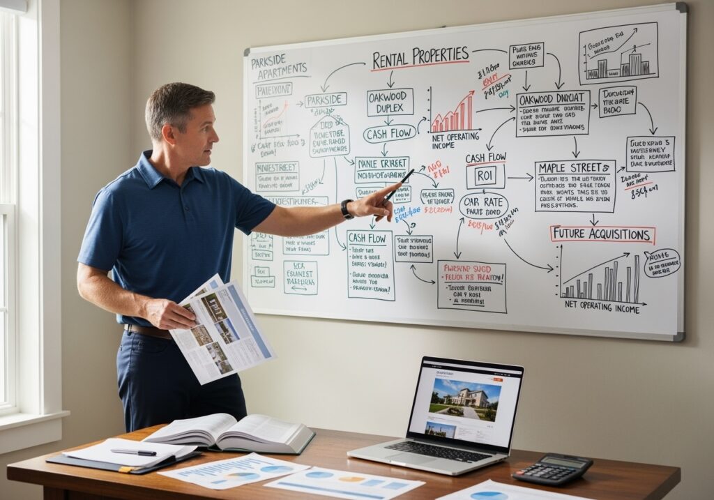 Professional man in his 40s reviewing real estate investment documents and property listings, demonstrating practical wealth building strategies from Rich Dad Poor Dad