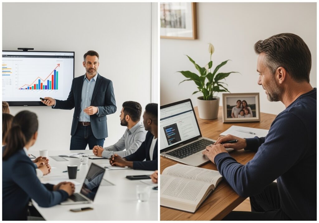 Professional men over 40 in modern office setting demonstrating growth mindset applications in career and personal development