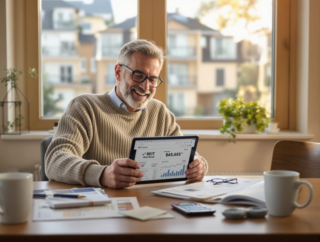 Man in his 40s analyzing REIT investments on laptop with real estate portfolio charts and property types displayed, representing hassle-free real estate investing