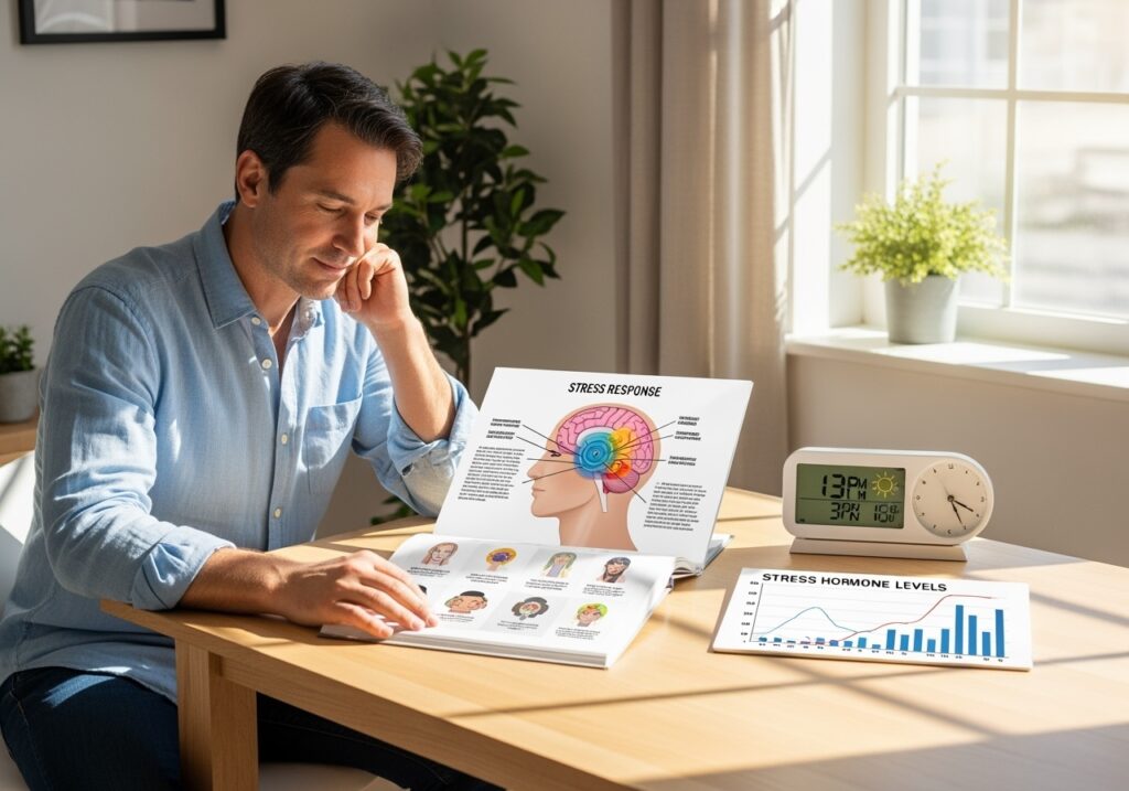 Visual representation of stress science simplified for men over 40, brain and stress response explanation for summer stress management