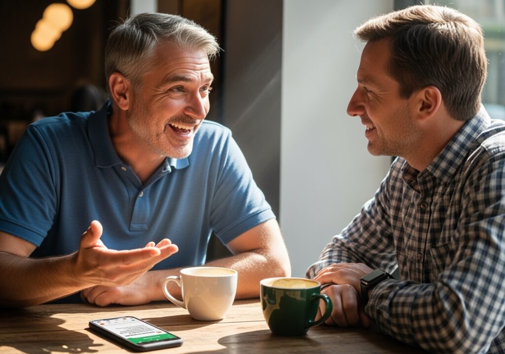 Two men in their 40s having coffee and sharing success stories in comfortable living room setting with warm lighting