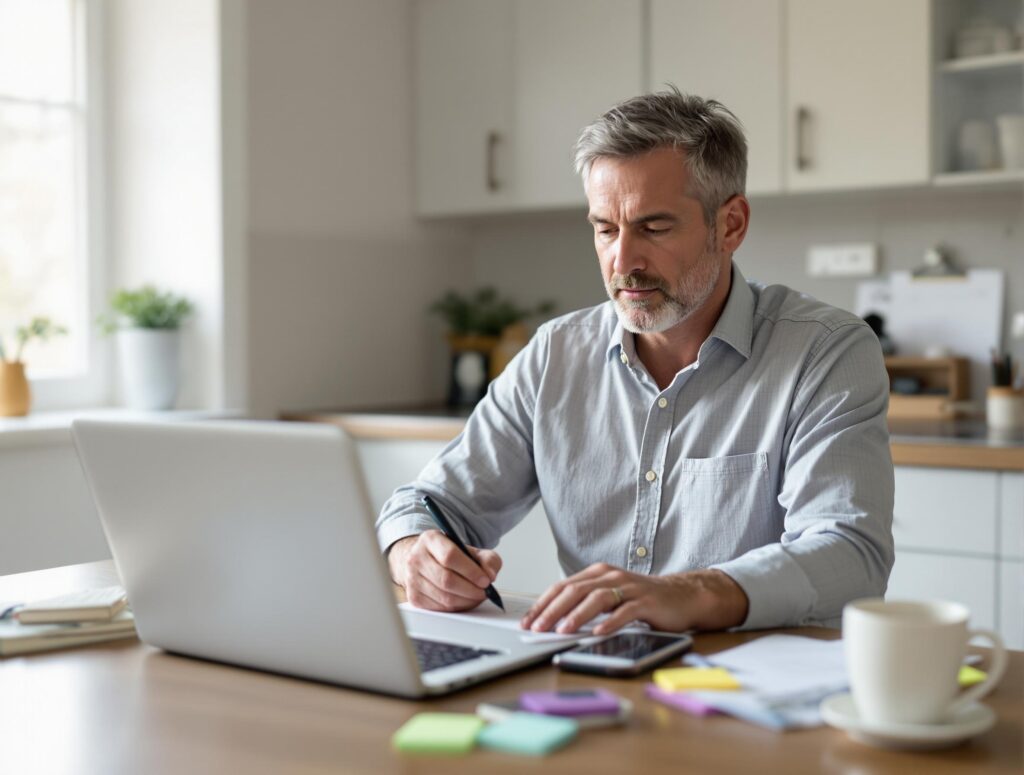 Professional man in his 40s planning his summer side hustle with notebook and laptop, showing organized step-by-step approach to starting a new income stream
