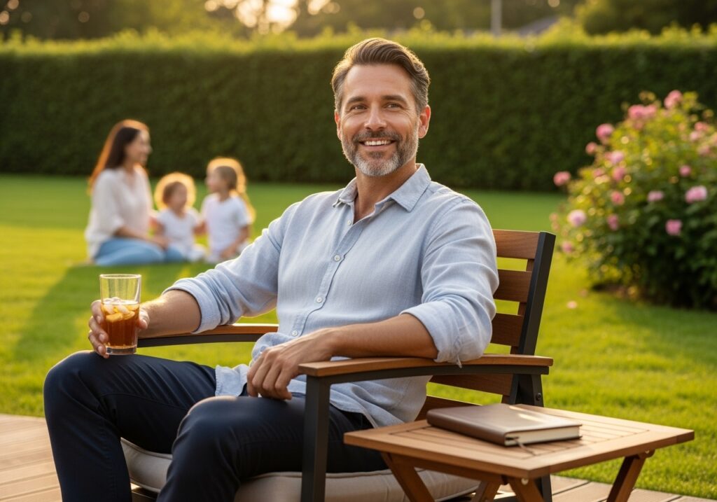 Man in his 40s successfully integrating all stress management strategies, holistic summer stress resilience and mental wellness achievement