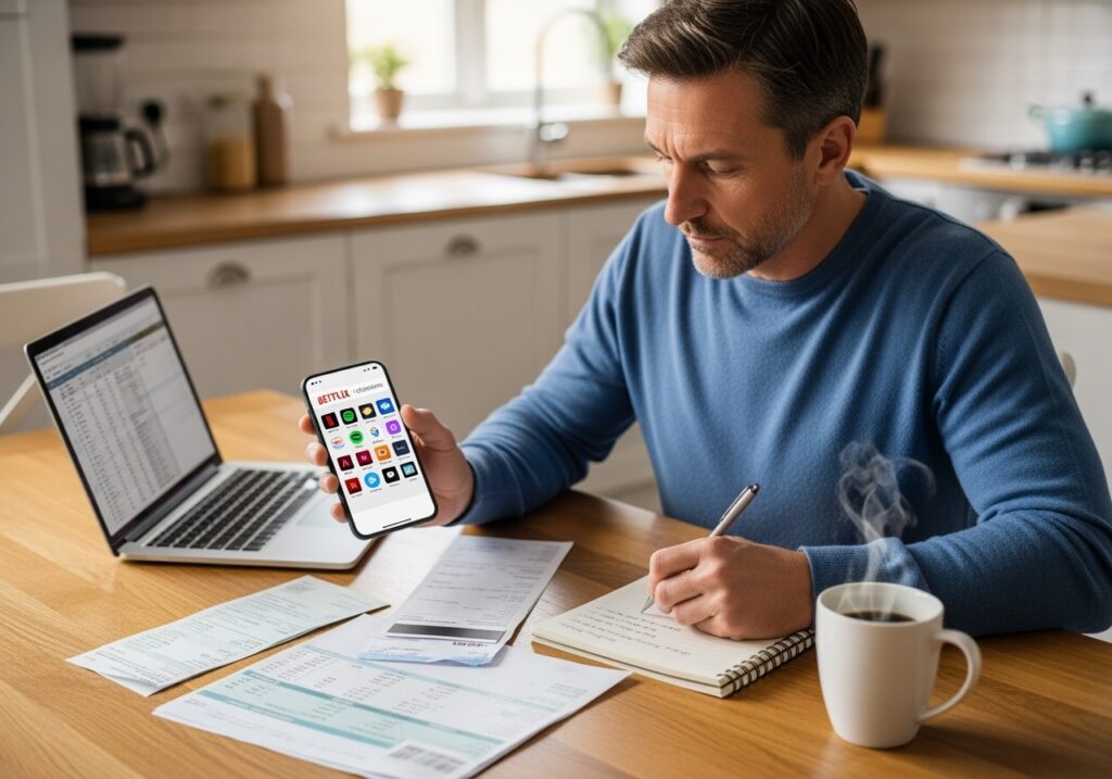 Focused man in his 40s at home desk with laptop and smartphone, reviewing subscription services and recurring payments with bank statements and notes, looking determined to optimize expenses