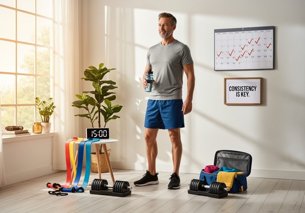 Man in his 40s successfully maintaining fitness gains through summer with flexible systems, minimal equipment, and consistent habits showing complete summer fitness success