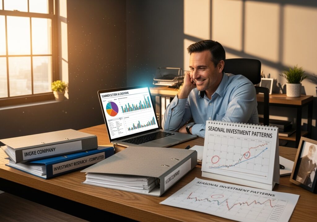 Confident man in his 40s reviewing comprehensive summer investment portfolio with charts showing seasonal patterns, dollar-cost averaging results, and diversified sector investments in bright home office setting