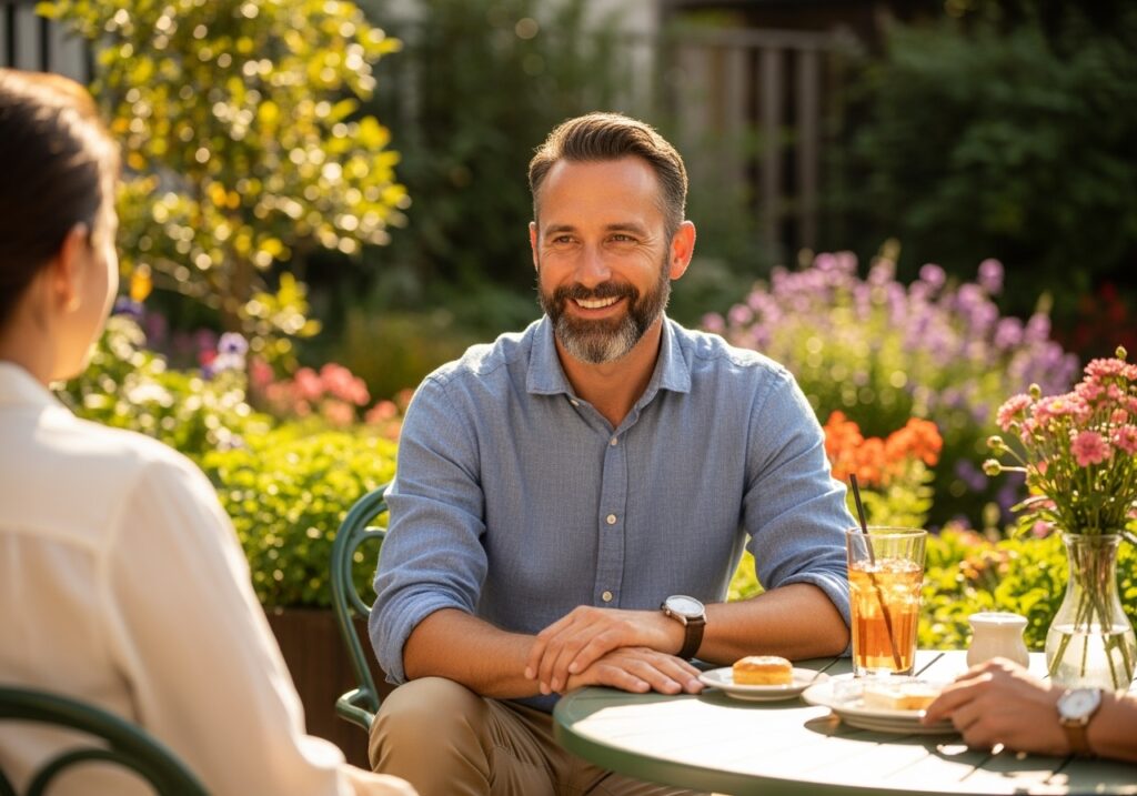 Professional men in casual summer setting having meaningful business conversation with relaxed outdoor atmosphere