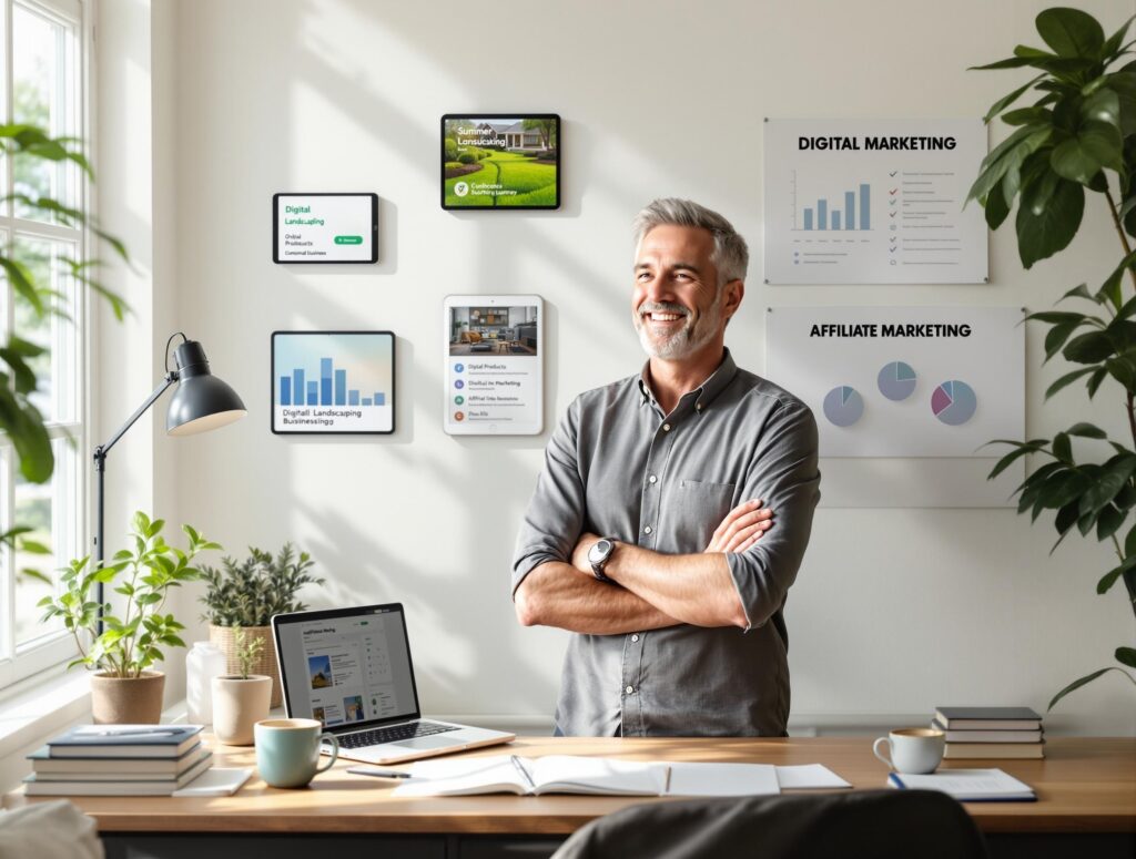 Successful professional man in his 40s celebrating his summer side hustle achievements with laptop and business materials in bright home office setting