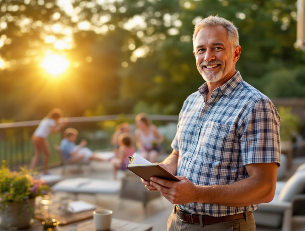 Confident man in his 40s enjoying successful summer evening with family in background, journal and planning materials nearby, representing achieved work-life balance and integrated success routine