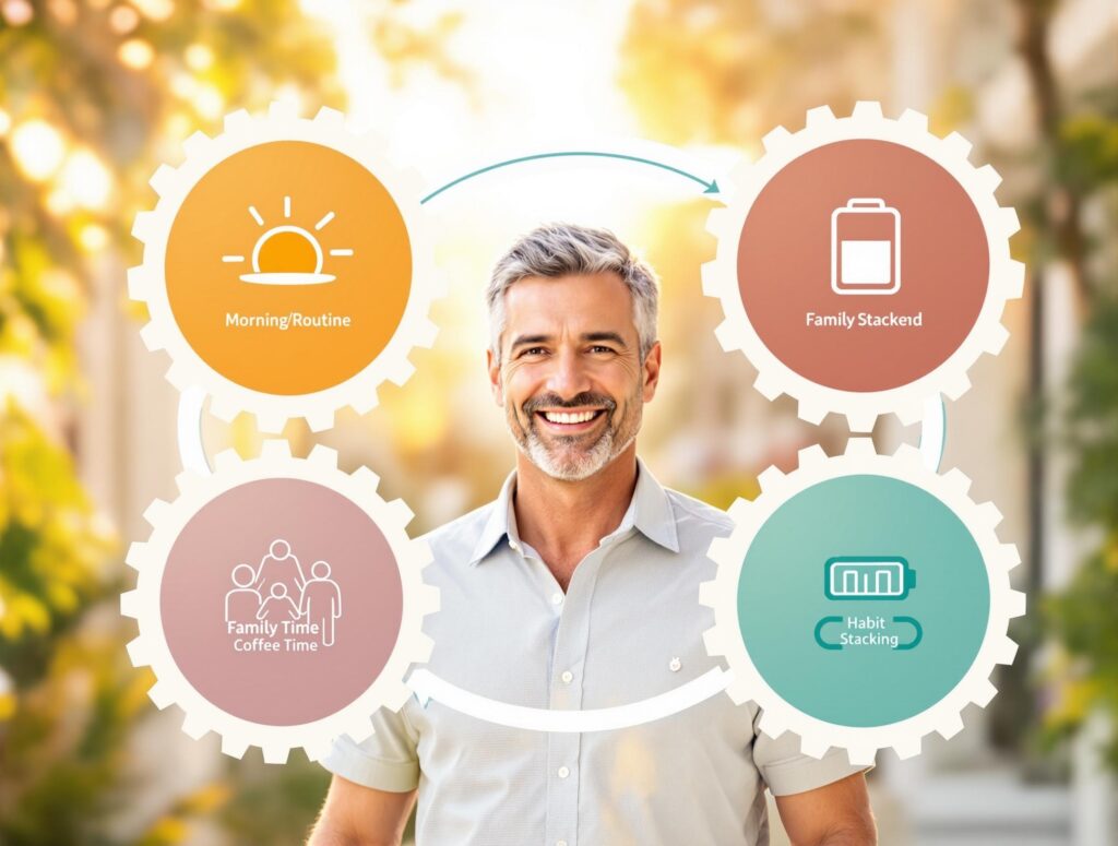 Man in his 40s organizing summer schedule with family calendar, personal goals checklist, and morning routine planner in casual home office setting