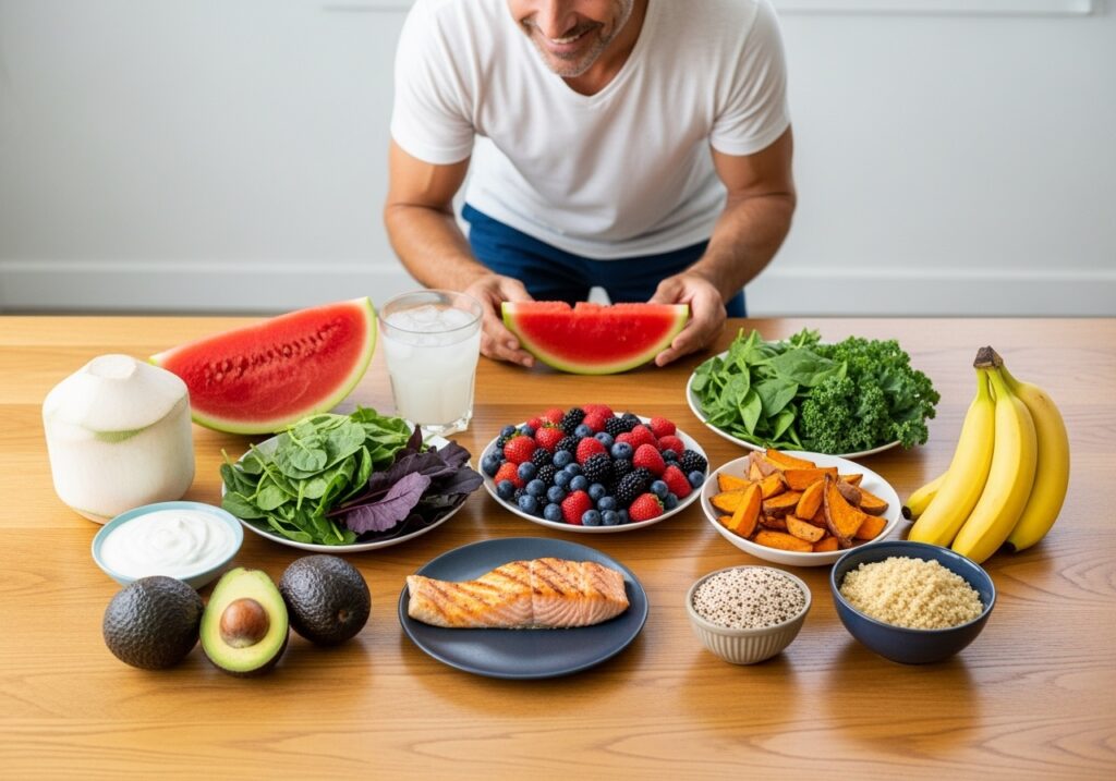 Colorful array of summer superfoods including watermelon, berries, leafy greens, avocados, and other energy-boosting foods arranged on a rustic wooden table, representing nutrition for men over 40