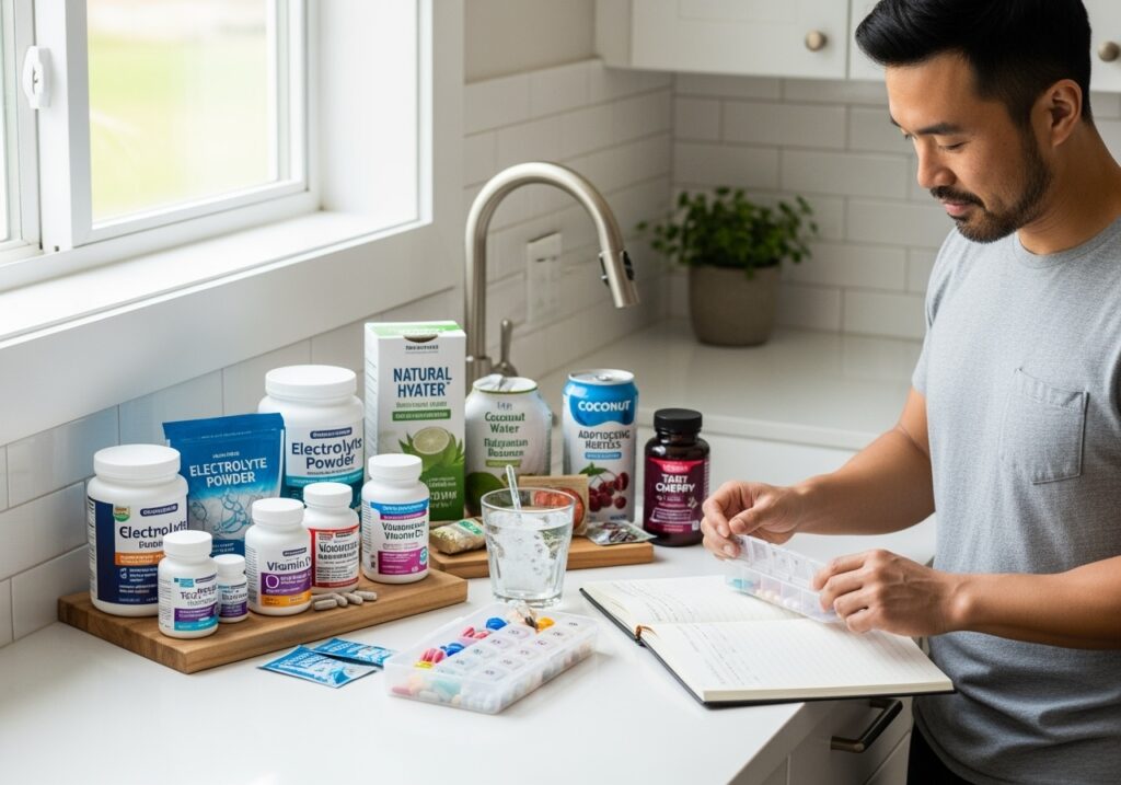 Man in his 40s in a bright kitchen organizing various supplements including electrolyte packets, magnesium bottles, and vitamin D, representing strategic supplementation for hot weather performance