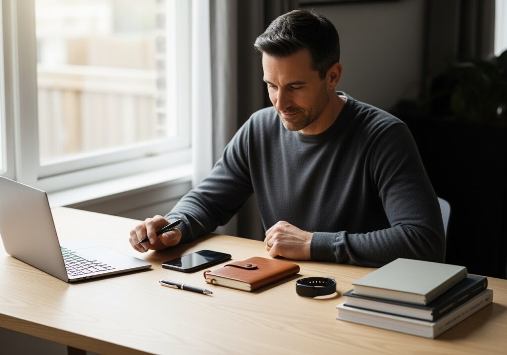 Man in his 40s at organized desk with essential productivity tools including planner, laptop, smartphone and books demonstrating minimalist tool philosophy