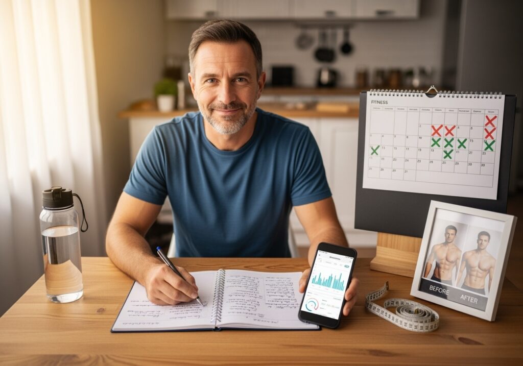 Man over 40 tracking fitness progress with calendar journal and smartphone app for August body reset accountability