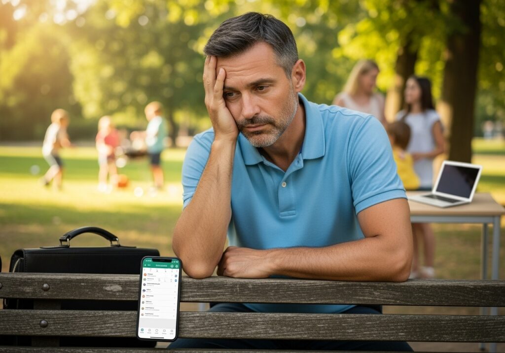 Middle-aged man experiencing summer stress while juggling work and family responsibilities, mental health awareness for men over 40
