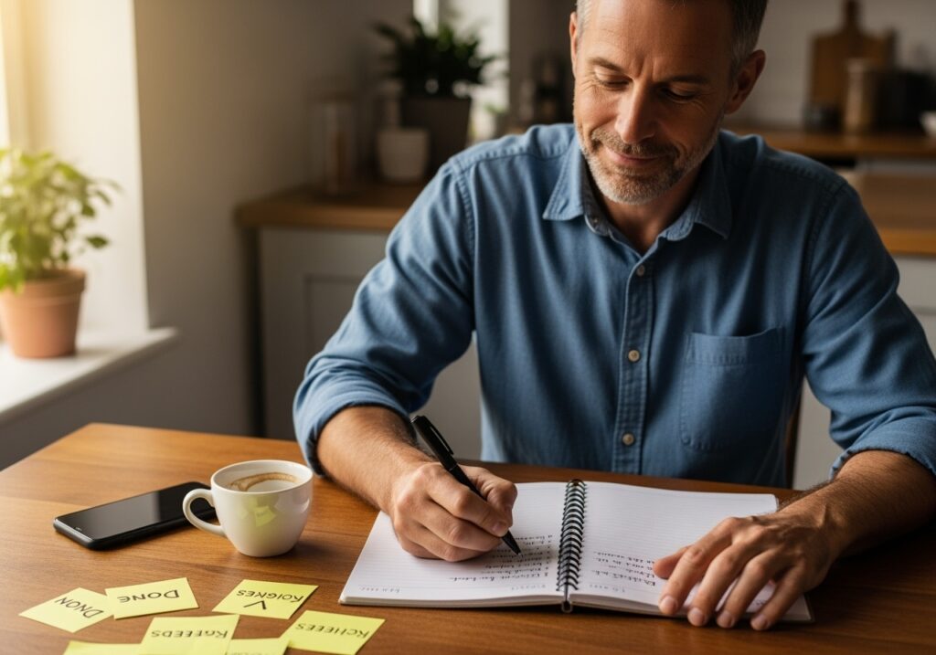 Man in his 40s writing victories in journal at kitchen table with coffee and smartphone showing tracking app