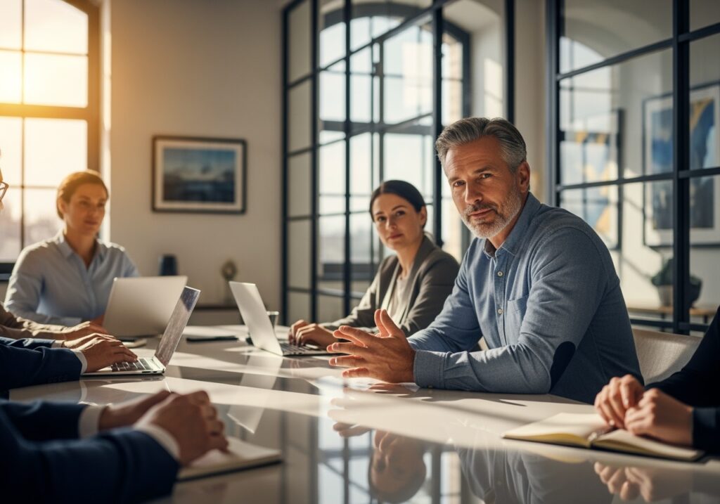 Professional man in his 40s in business setting showing confident leadership presence, illustrating why confidence matters more after 40
